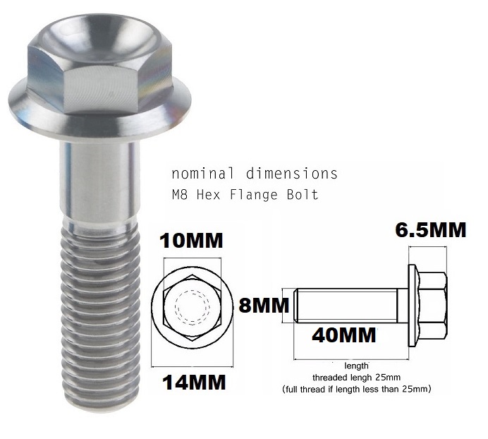 M8X40MM 1.25 THREAD PITCH TITANIUM FLANGE 10MM HEX BOLT GRADE 5